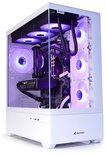 Witte computerkast met glazen zijpaneel, toont een ingebouwde pc met paarse verlichting.