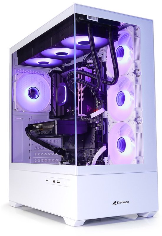 Witte computerkast met glazen zijpaneel, toont een ingebouwde pc met paarse verlichting.