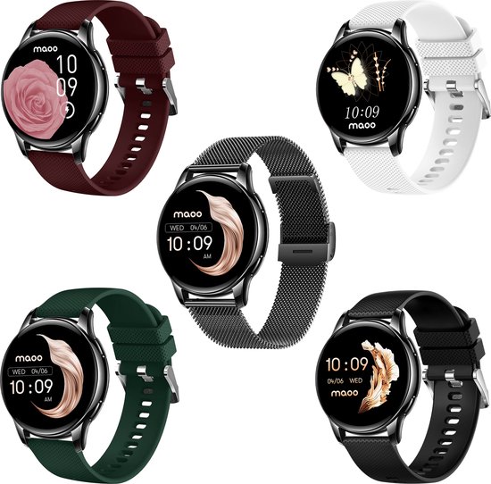 Maoo Ventura AMOLED Smartwatch Dames - RVS en 4x Siliconen Bandje - Stappenteller - Hartslagmeter - Slaapmonitor - Multisport - Geschikt voor Android en iOS - Zwart