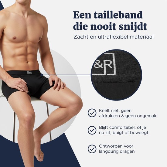 Man zittend in zwarte boxershorts, met focus op de zachte, niet-snijdende tailleband. Vergroot detail van de band.