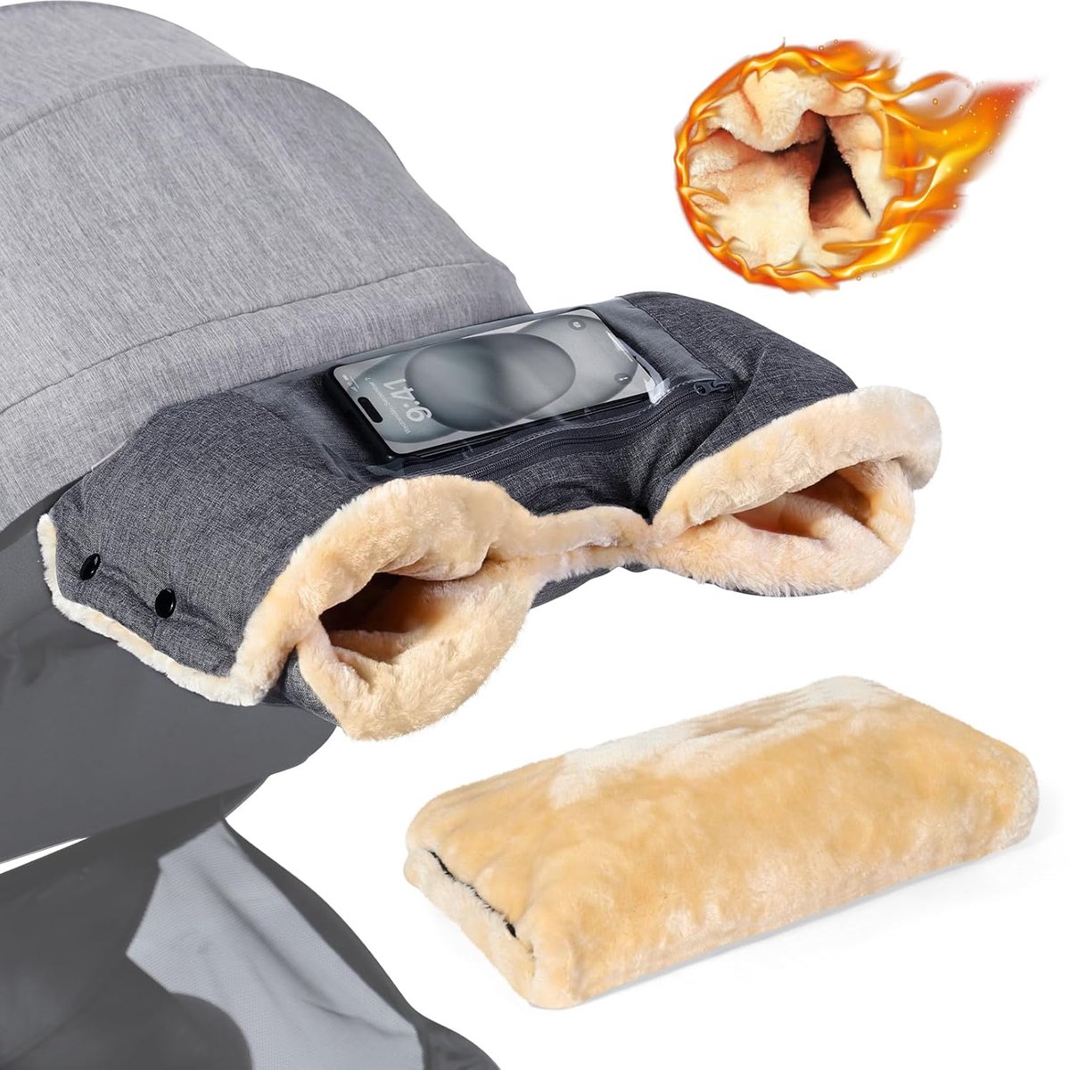 Kinderwagen handwarmer, warme kinderwagen, handschoenen met lamsvachtimitatie, stabiele handmof voor kinderwagen met vak voor mobiele telefoon, weerbestendige stof, extreem comfort, donkergrijs - Kinderwagen - €102,90
