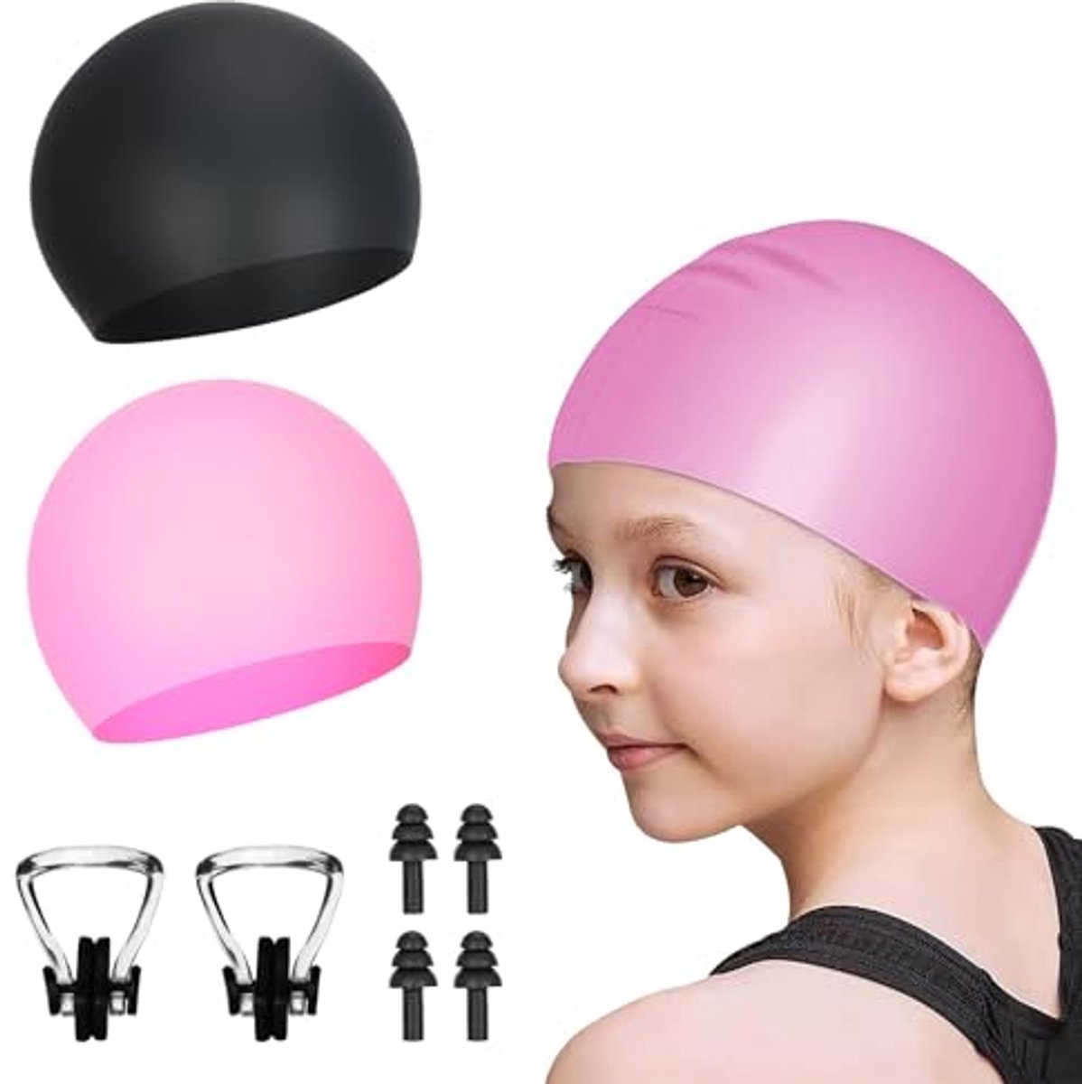 Image of 2 Stuks Waterdichte Badmutsen voor Kinderen - Siliconen, Uniseks, Zwart en Roze