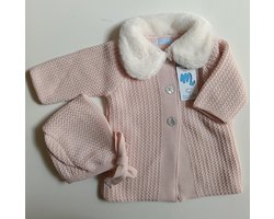 Mac Ilusion gebreide meisjes jas met creme bontkraag en bijpassende muts | 9893| Nude / zachtroze | 1 maand | maat 56 | winter