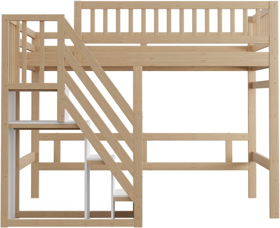 Lit superposé 140x200 cm - avec escalier avec placard de rangement - barrière haute - lit enfant - couleur bois - sans matelas