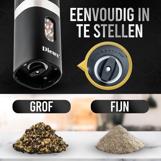 Zwarte pepermolen met instelbare maalgraad, met links grof gemalen peper en rechts fijn gemalen peper.