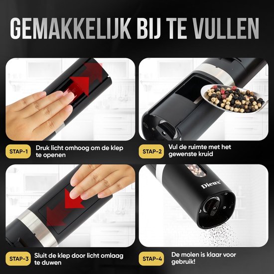 Stappen om een zwarte pepermolen bij te vullen: 1. Open de klep. 2. Vul met kruiden. 3. Sluit de klep. 4. Klaar voor gebruik.