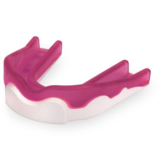 Roze en witte junior gebitsbeschermer van Brabo met een golvend patroon.