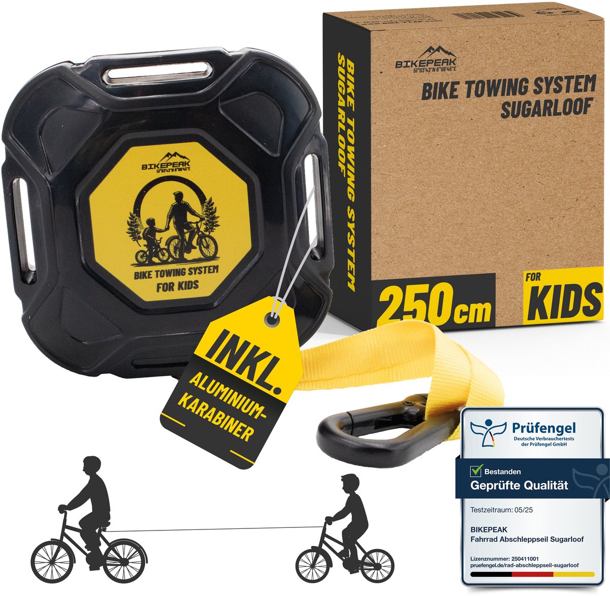 BikePeak Fiets Sleepkabel Sugarloof 250 cm – Kabel voor het veilig slepen en trekken van fietsen van volwassenen, kinderen of e-bikes - Trekkoord of Sleeptouw voor fietsen