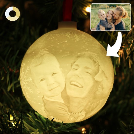 Boule de Noël 3D personnalisée avec photo - Cadeau de Noël Uniek - Lumière LED - Rechargeable par USB - Cadeau photo - Wit