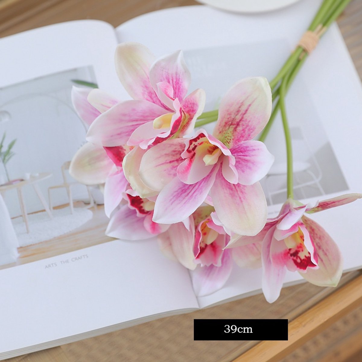 Zijden Boeket Cymbidium orchideeënboeket – 39 cm hoog – 18 stelen - doe-het-zelf boeket – DIY – alle kunstbloemen los geleverd – Lente – multi color – Kunstbloemen - nep bloemen - nepbloemen - kunstplanten Roze Paars
