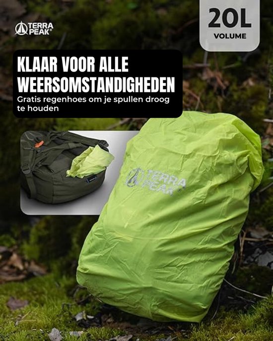 Terra Peak wandelrugzak 20L Flex 20 Premium (klein) met rugventilatie, drinksysteem en regenhoes - Trekkingrugzak van ademend 3D Air Mesh polyester - Outdoor dagrugzak met heupriem