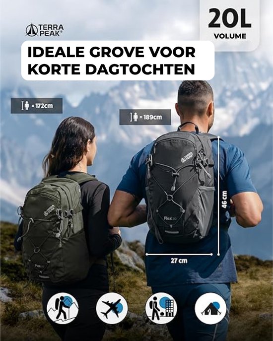 Terra Peak wandelrugzak 20L Flex 20 Premium (klein) met rugventilatie, drinksysteem en regenhoes - Trekkingrugzak van ademend 3D Air Mesh polyester - Outdoor dagrugzak met heupriem