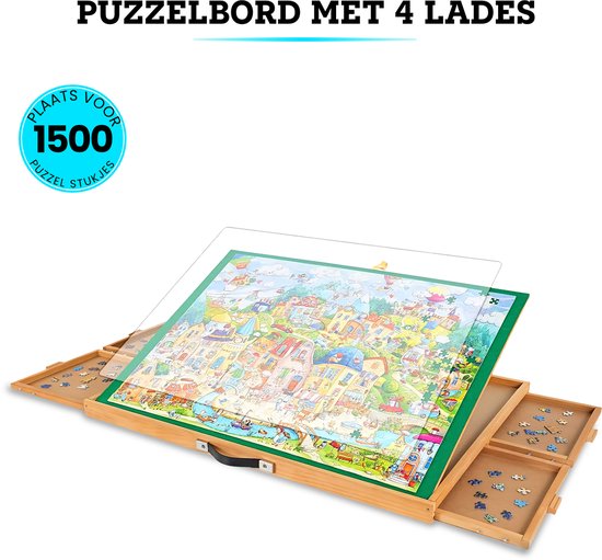 Houten puzzelbord met vier lades en een heldere deksel, met een ingelegd puzzel van 1500 stukjes.