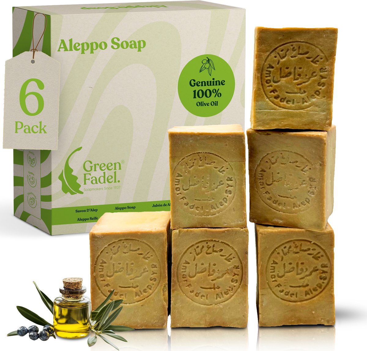 GREEN FADEL Aleppo Zeep 100% Olijfolie - 6 x 200g - Handgemaakt - Natuurlijke Zeep