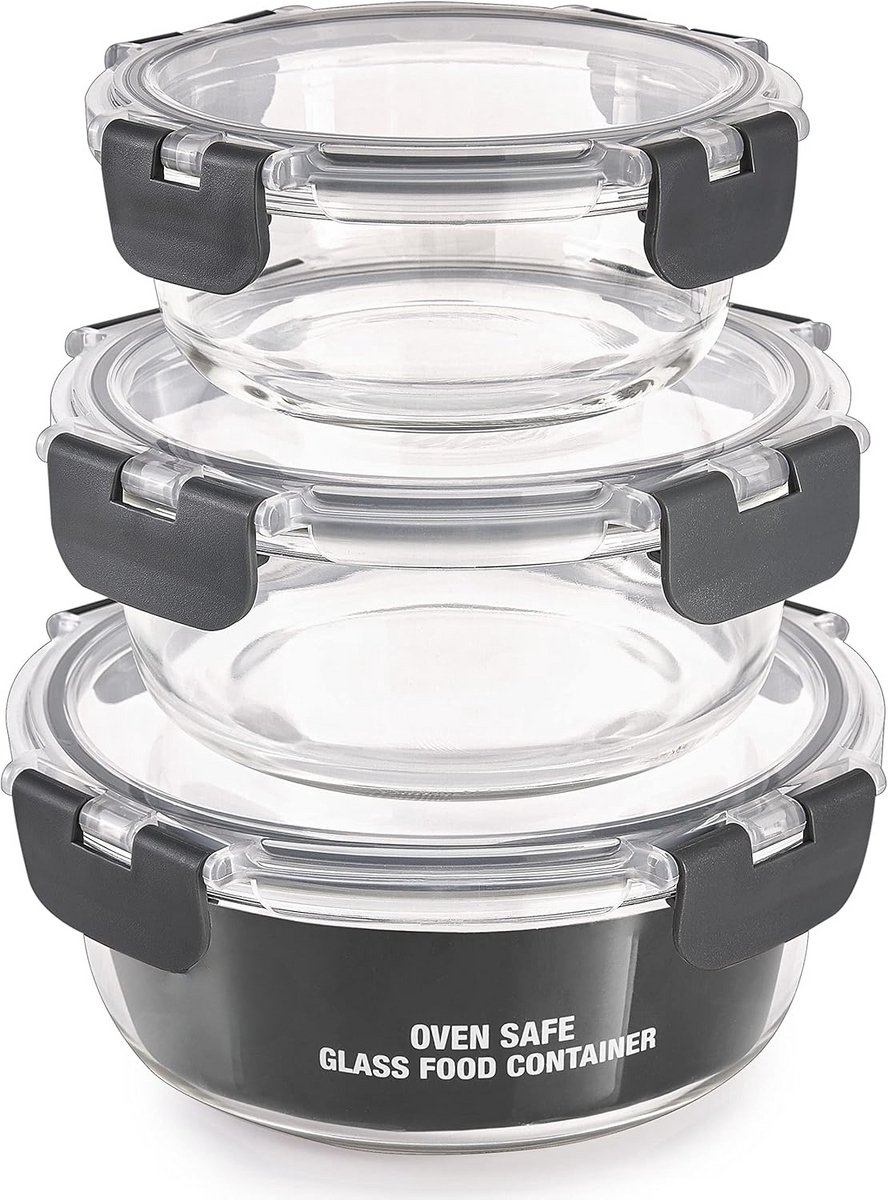 PromoHome Stapelbare Ronde Glazen Voedselbewaardozen Set van 3 - Luchtdichte Containers voor Maaltijdpreparatie, Vriezer, Magnetron, Oven & Vaatwasser Veilig - BPA Vrij met Kliksluiting Deksels (Verschillende Groottes)