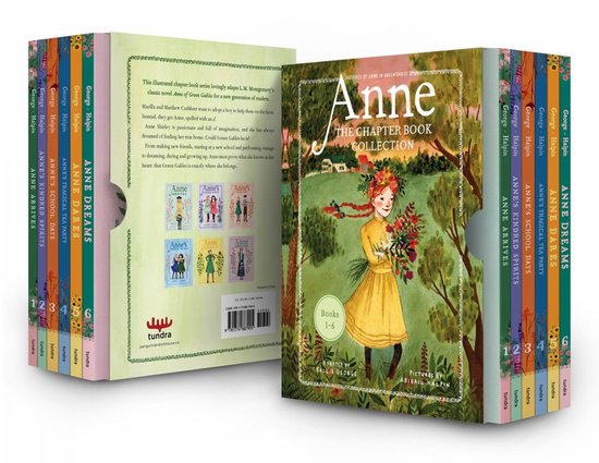 Een set van zes 'Anne of Green Gables' kinderboeken, met op de voorkant Anne in een gele jurk met een boeket bloemen, staand in een veld.