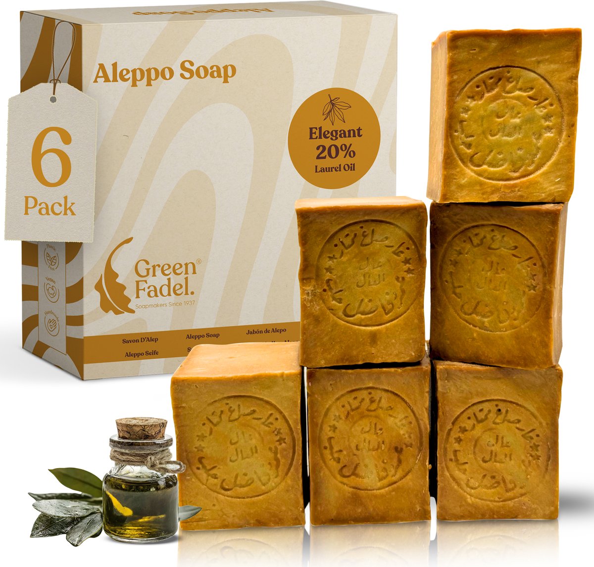 GREEN FADEL Aleppo Zeep 20% Laurierolie 80% Olijfolie - 6 x 200g - Handgemaakt - Natuurlijke Zeep