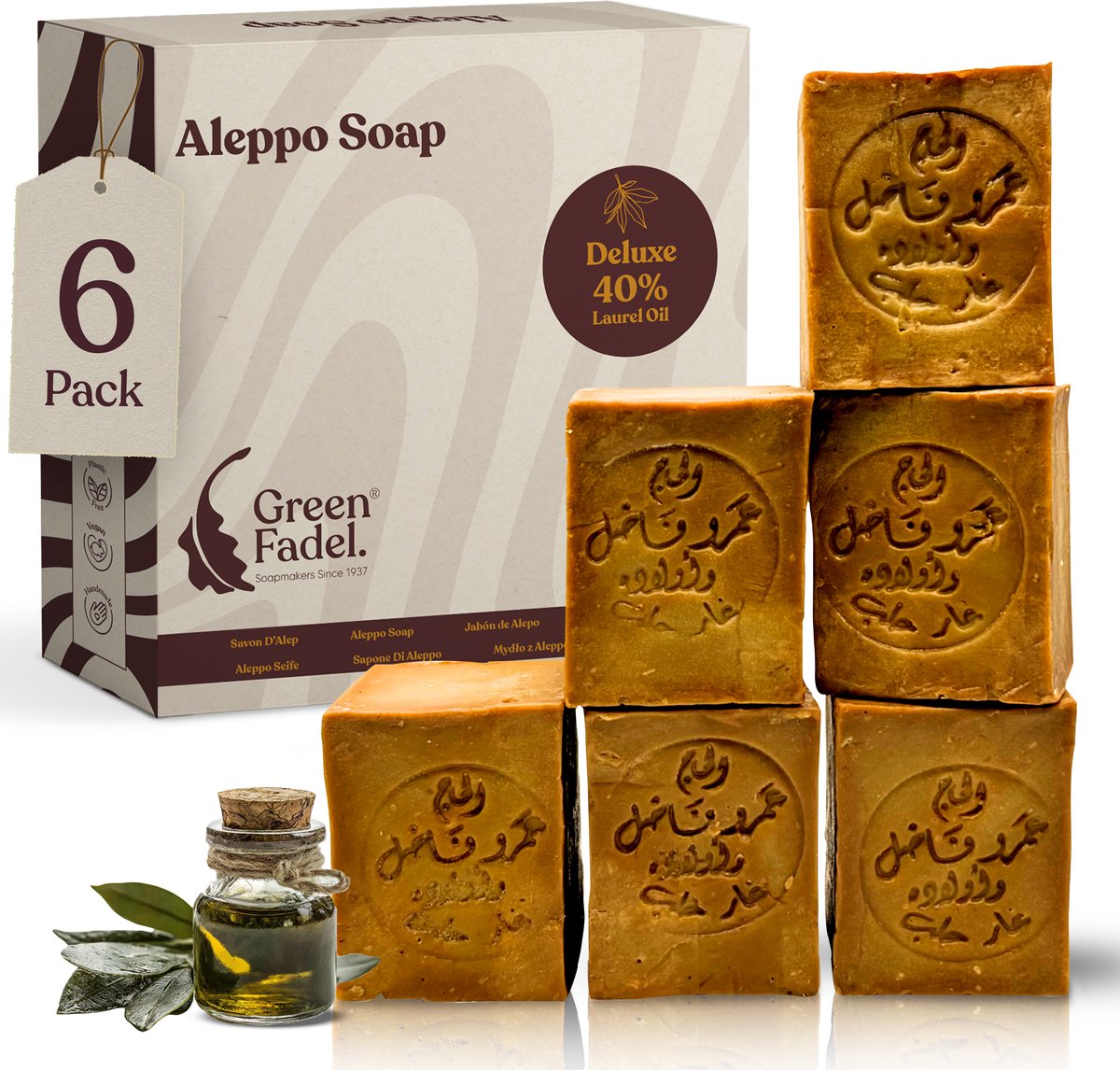 GREEN FADEL Aleppo Zeep 40% Laurierolie 60% Olijfolie - 6 x 200g - Handgemaakt - Natuurlijke Zeep