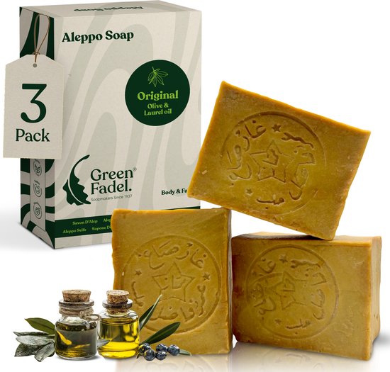 Green Fadel - Savon Aleppo - olive et 30% laurier - Savon d'Alep - 3 blocs - +/- 600 g - Incl. Sac à savon