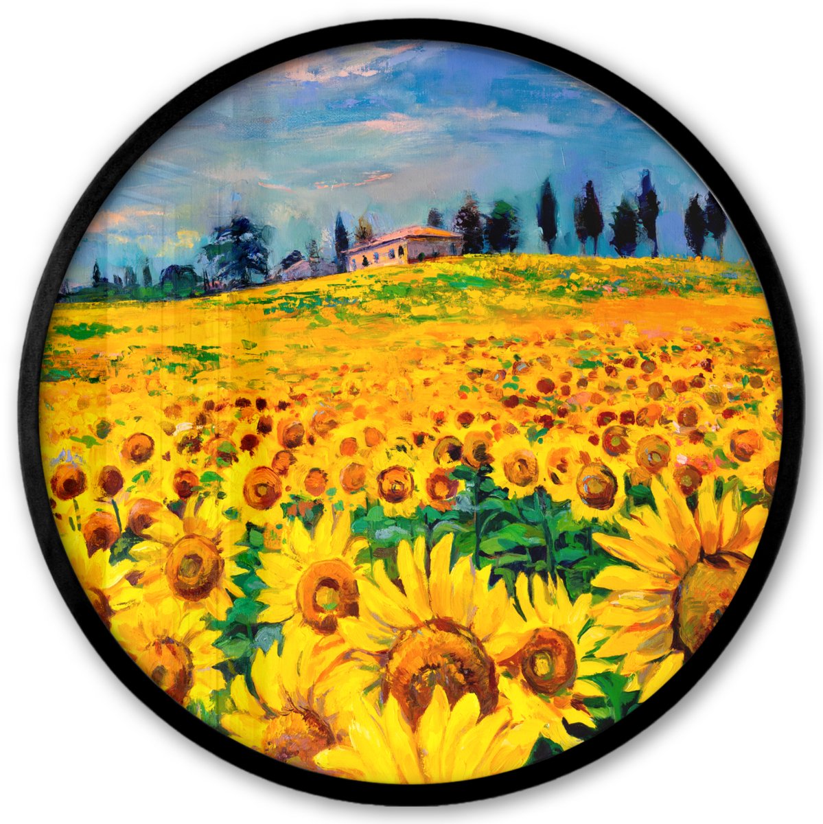 FrameYourWall Poster in lijst Rond - Fotolijst 40x40 cm - Posters - Olieverf - Schilderij - Bloemen - Zonnebloem - Ronde posterlijst zwart - Decoratie - Wanddecoratie woonkamer - Muurdecoratie slaapkamer Multicolor