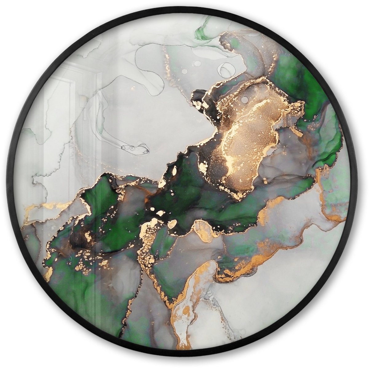 FrameYourWall Poster in lijst Rond - Fotolijst 60x60 cm - Posters - Marmer - Goud - Groen - Luxe - Ronde posterlijst zwart - Decoratie - Wanddecoratie woonkamer - Muurdecoratie slaapkamer Luxe marmer