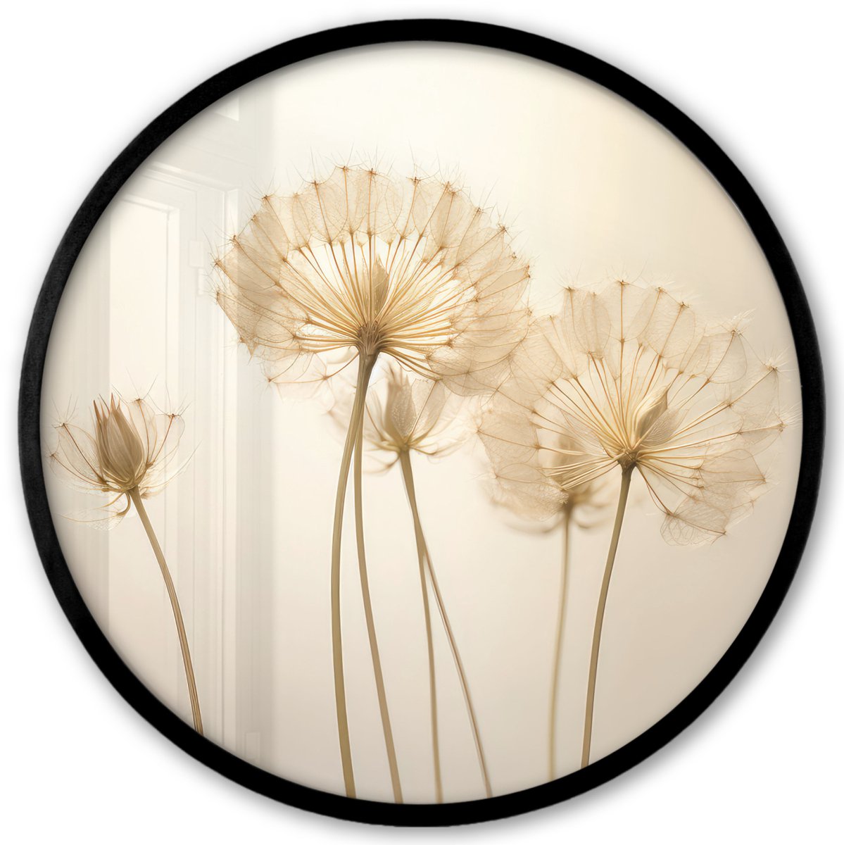 FrameYourWall Poster in lijst Rond - Fotolijst 40x40 cm - Posters - Zonlicht - Paardenbloem - Botanisch - Bloemen - Ronde posterlijst zwart - Decoratie - Wanddecoratie woonkamer - Muurdecoratie slaapkamer Bloemen - Paardenbloem