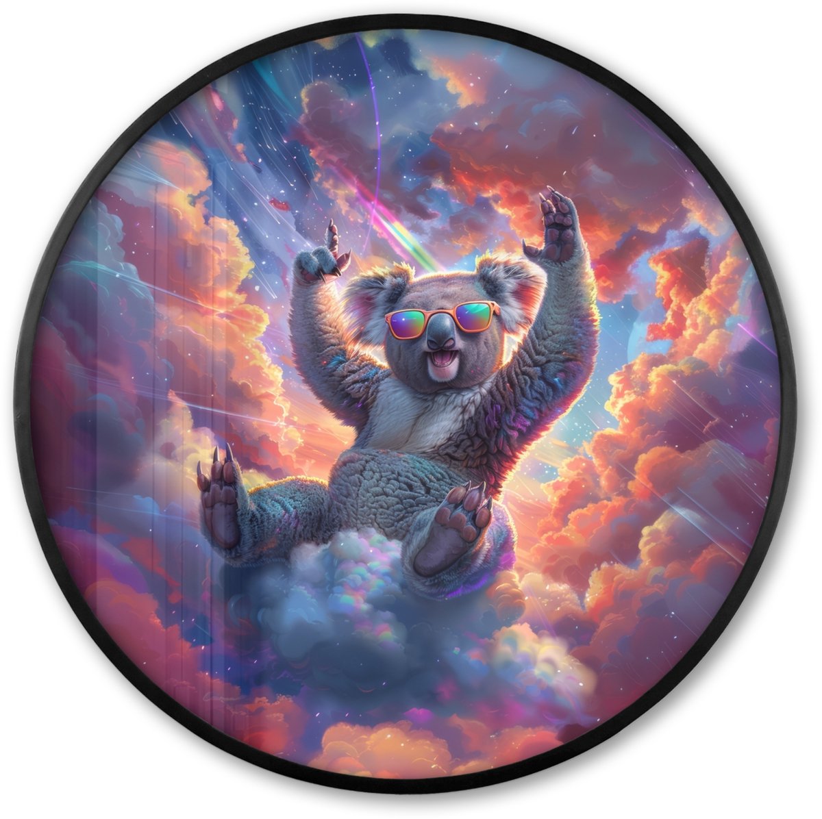 FrameYourWall Poster in lijst Rond - Fotolijst 80x80 cm - Posters - Koala - Dier - Zonnebril - Wolken - Ronde posterlijst zwart - Decoratie - Wanddecoratie woonkamer - Muurdecoratie slaapkamer