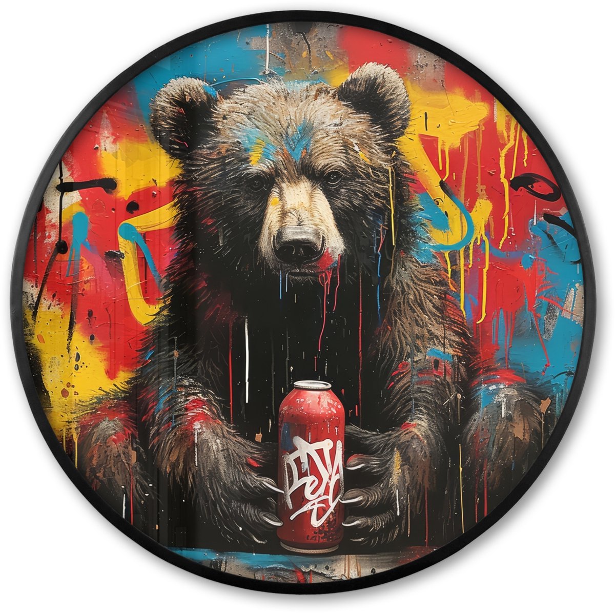 FrameYourWall Poster in lijst Rond - Fotolijst 60x60 cm - Posters - Graffiti - Beer - Dier - Muur - Street art - Ronde posterlijst zwart - Decoratie - Wanddecoratie woonkamer - Muurdecoratie slaapkamer