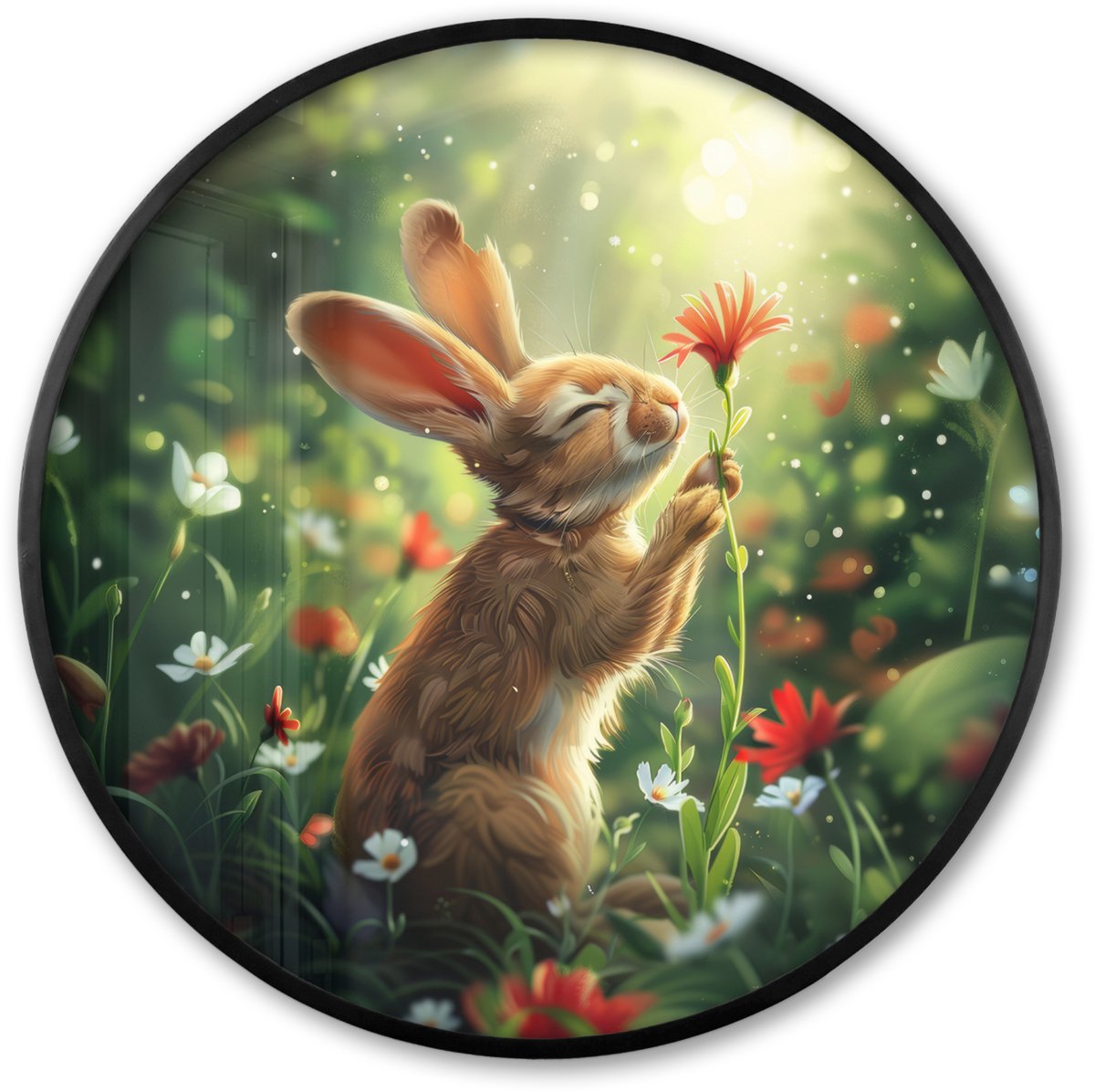 FrameYourWall Poster in lijst Rond - Fotolijst 80x80 cm - Posters - Konijn - Dieren - Bloemen - Natuur - Ronde posterlijst zwart - Decoratie - Wanddecoratie woonkamer - Muurdecoratie slaapkamer Konijntje