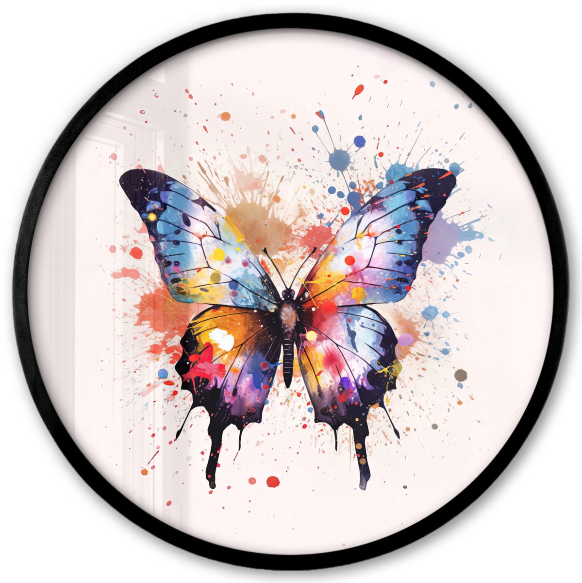 FrameYourWall Poster in lijst Rond - Fotolijst 40x40 cm - Posters - Vlinder - Roze - Verf - Kleurrijk - Ronde posterlijst zwart - Decoratie - Wanddecoratie woonkamer - Muurdecoratie slaapkamer