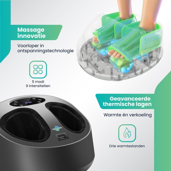Gedetailleerde afbeelding van voeten in de massager met warmte- en koelfunctie. "Massage innovatie". "5 modi 9 intensiteiten". "Geavanceerde thermische lagen Warmte én verkoeling".