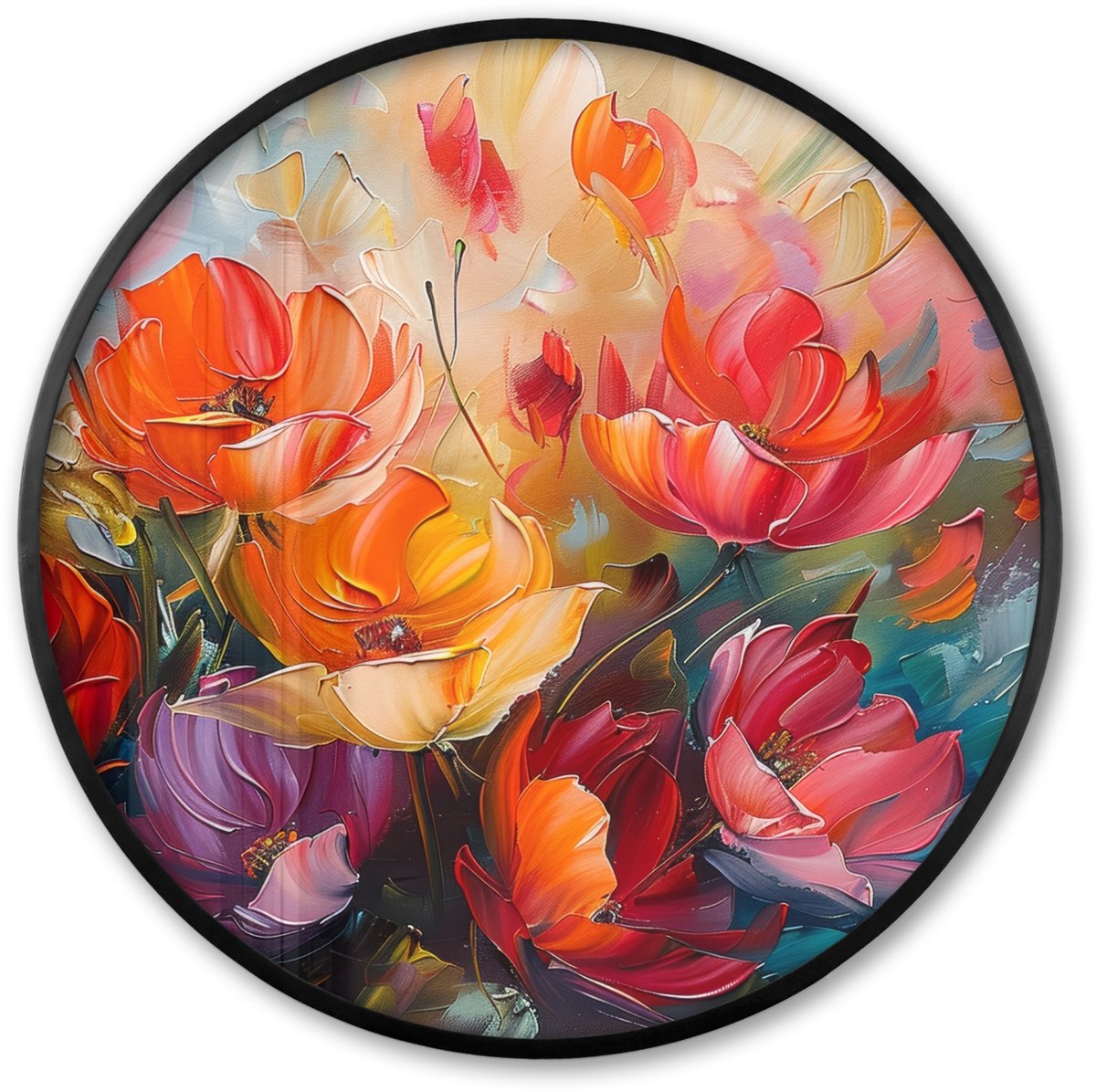 FrameYourWall Poster in lijst Rond - Fotolijst 80x80 cm - Posters - Bloemen - Kleurrijk - Verf - Abstract - Kunst - Ronde posterlijst zwart - Decoratie - Wanddecoratie woonkamer - Muurdecoratie slaapkamer