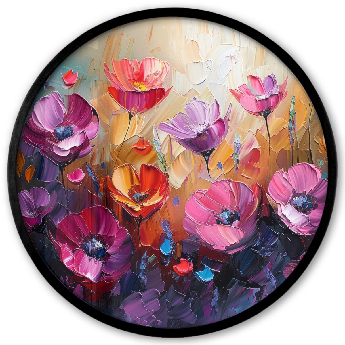 FrameYourWall Poster in lijst Rond - Fotolijst 40x40 cm - Posters - Bloemen - Paars - Kleurrijk - Handgeschilderd - Kunst - Ronde posterlijst zwart - Decoratie - Wanddecoratie woonkamer - Muurdecoratie slaapkamer