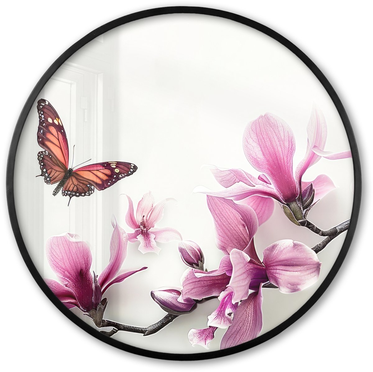 FrameYourWall Poster in lijst Rond - Fotolijst 80x80 cm - Posters - Bloesem - Vlinder - Roze - Natuur - Wit - Ronde posterlijst zwart - Decoratie - Wanddecoratie woonkamer - Muurdecoratie slaapkamer Bloem - Vlinder