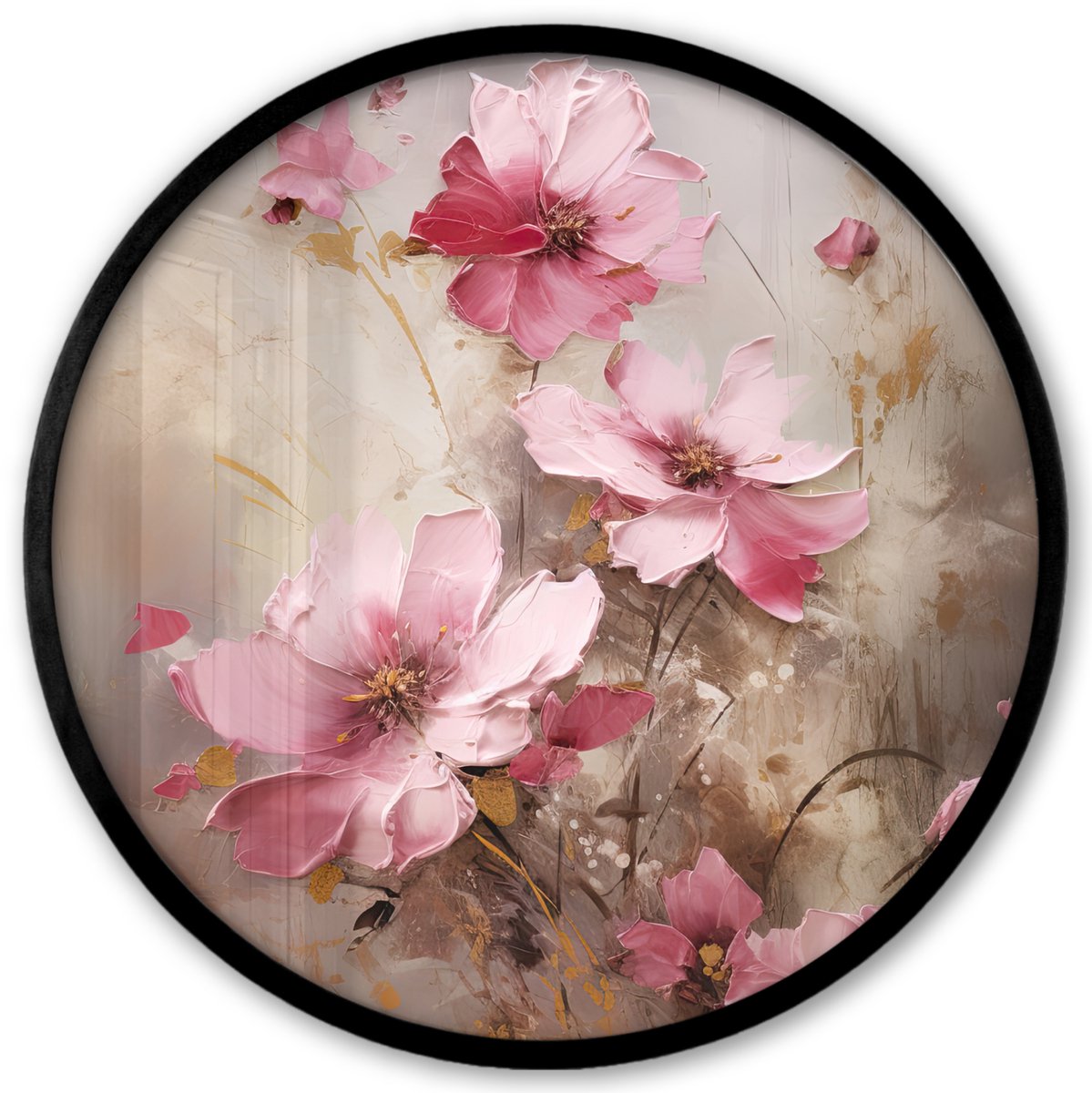 FrameYourWall Poster in lijst Rond - Fotolijst 40x40 cm - Posters - Bloemen - Roze - Kunst - Watercolor - Ronde posterlijst zwart - Decoratie - Wanddecoratie woonkamer - Muurdecoratie slaapkamer Bloemen - Licht
