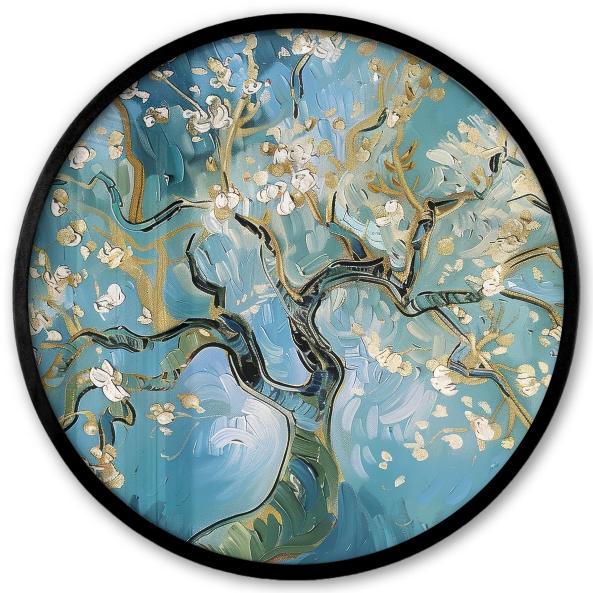 FrameYourWall Poster in lijst Rond - Fotolijst 40x40 cm - Posters - Amandelbloesem boom - Blauw - Abstract - Ronde posterlijst zwart - Decoratie - Wanddecoratie woonkamer - Muurdecoratie slaapkamer