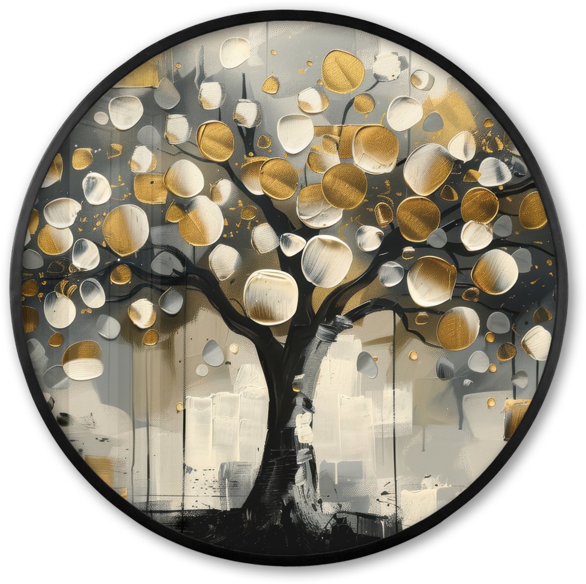 FrameYourWall Poster in lijst Rond - Fotolijst 60x60 cm - Posters - Boom - Abstract - Beige - Goud - Zwart - Ronde posterlijst zwart - Decoratie - Wanddecoratie woonkamer - Muurdecoratie slaapkamer
