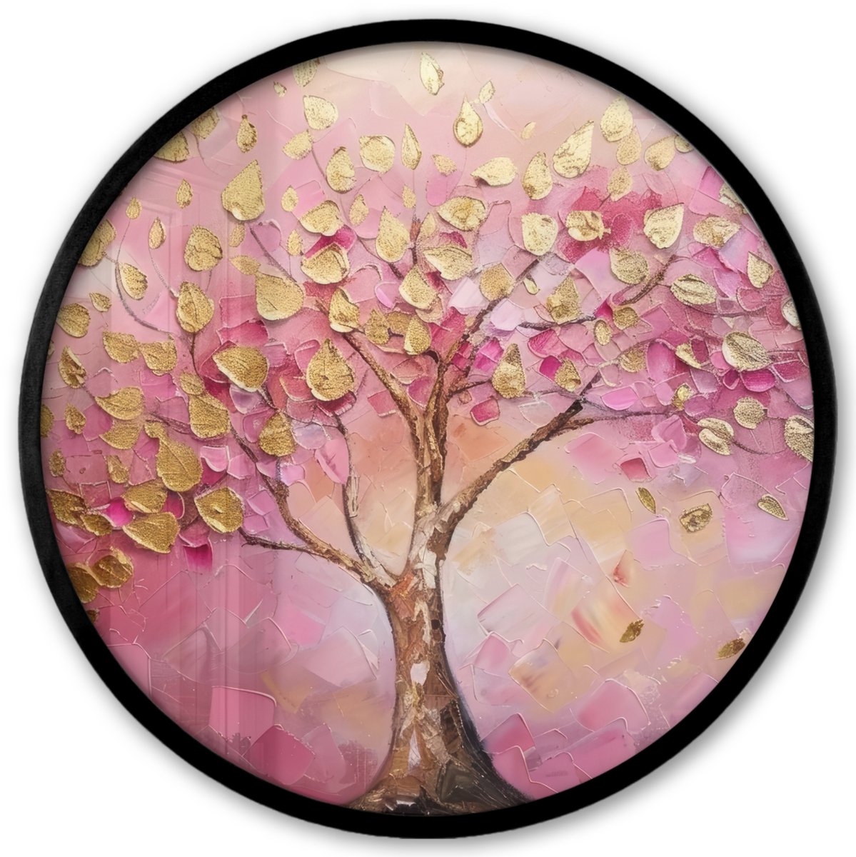 FrameYourWall Poster in lijst Rond - Fotolijst 40x40 cm - Posters - Boom - Roze - Goud - Modern - Ronde posterlijst zwart - Decoratie - Wanddecoratie woonkamer - Muurdecoratie slaapkamer
