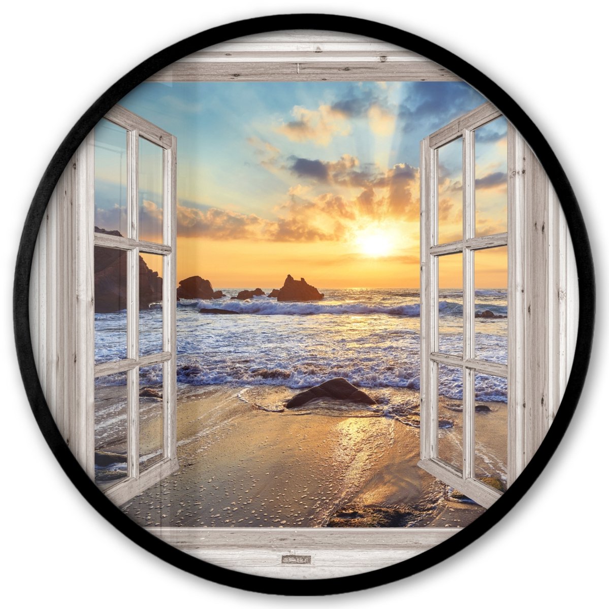 FrameYourWall Poster in lijst Rond - Fotolijst 40x40 cm - Posters - Strand - Doorkijk - Zonsondergang - Landschap - Zee - Natuur - Ronde posterlijst zwart - Decoratie - Wanddecoratie woonkamer - Muurdecoratie slaapkamer Zee - Doorkijk