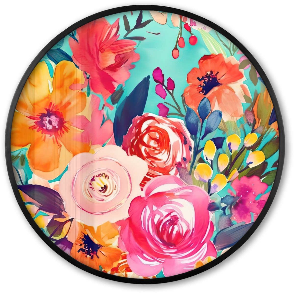 FrameYourWall Poster in lijst Rond - Fotolijst 80x80 cm - Posters - Bloemen - Olieverf - Kleurrijk - Natuur - Ronde posterlijst zwart - Decoratie - Wanddecoratie woonkamer - Muurdecoratie slaapkamer Bloemen - Kleurrijk