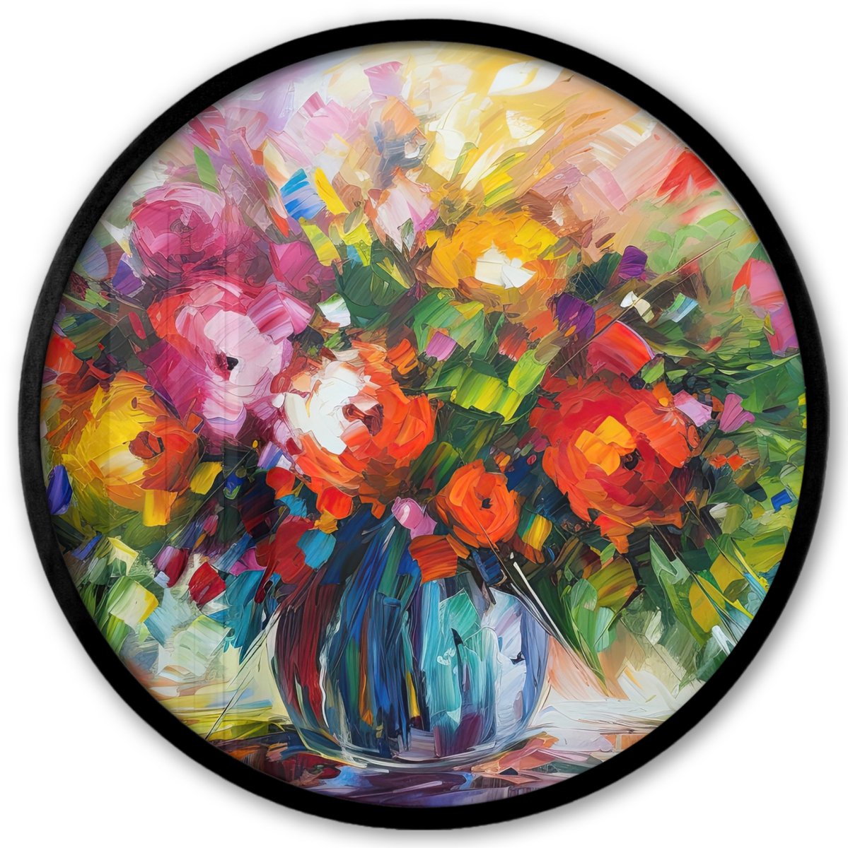 FrameYourWall Poster in lijst Rond - Fotolijst 40x40 cm - Posters - Bloemen - Kleurrijk - Bloempot - Olieverf - Ronde posterlijst zwart - Decoratie - Wanddecoratie woonkamer - Muurdecoratie slaapkamer Kleurrijk - Bloemen