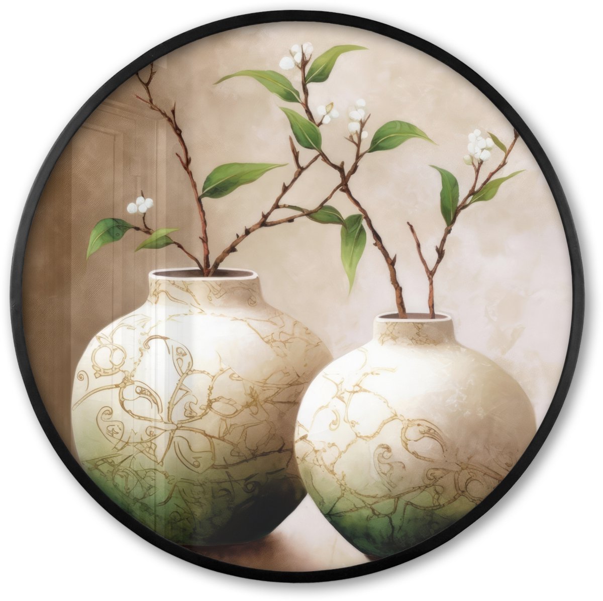 FrameYourWall Poster in lijst Rond - Fotolijst 60x60 cm - Posters - Bloemen - Vaas - Wit - Botanisch - Beige - Ronde posterlijst zwart - Decoratie - Wanddecoratie woonkamer - Muurdecoratie slaapkamer
