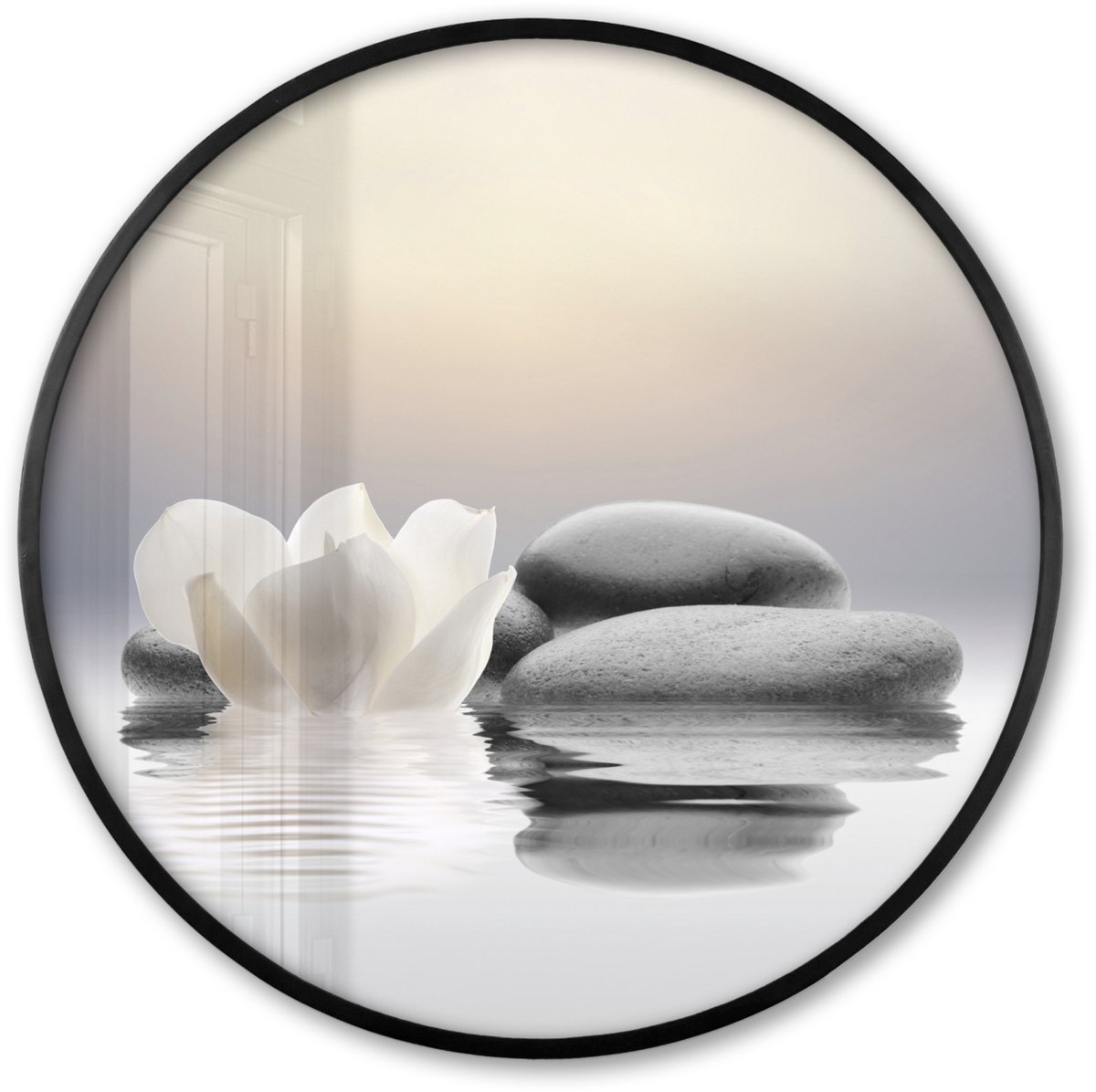 FrameYourWall Poster in lijst Rond - Fotolijst 80x80 cm - Posters - Stenen - Lotus - Wit - Water - Zen - Ronde posterlijst zwart - Decoratie - Wanddecoratie woonkamer - Muurdecoratie slaapkamer Stenen - Bloem