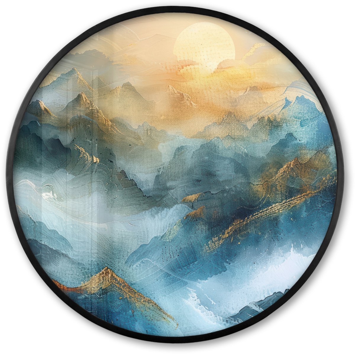 FrameYourWall Poster in lijst Rond - Fotolijst 60x60 cm - Posters - Abstract - Landschap - Bergen - Blauw - Modern - Ronde posterlijst zwart - Decoratie - Wanddecoratie woonkamer - Muurdecoratie slaapkamer Blauw - Landschap