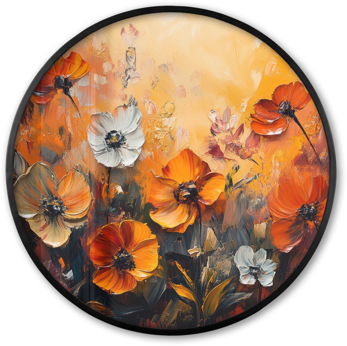 FrameYourWall Poster in lijst Rond - Fotolijst 80x80 cm - Posters - Bloemen - Abstract - Herfst kleuren - Modern - Natuur - Ronde posterlijst zwart - Decoratie - Wanddecoratie woonkamer - Muurdecoratie slaapkamer Oranje