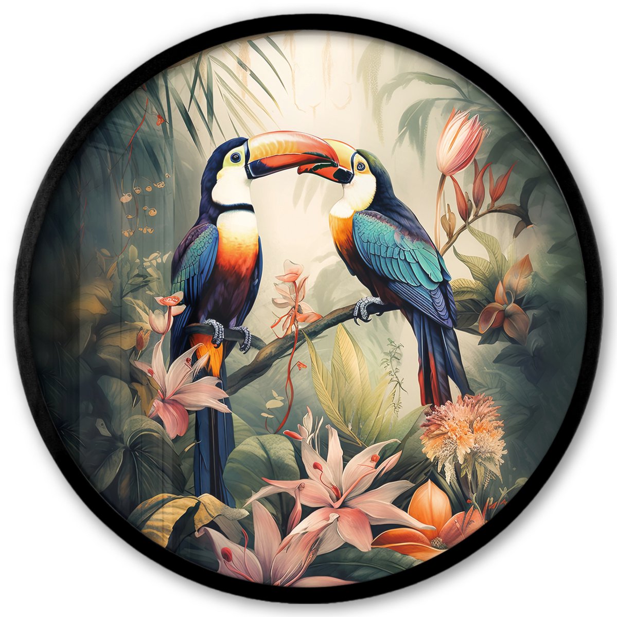 FrameYourWall Poster in lijst Rond - Fotolijst 40x40 cm - Posters - Toekan - Vogels - Bloemen - Natuur - Jungle - Ronde posterlijst zwart - Decoratie - Wanddecoratie woonkamer - Muurdecoratie slaapkamer Toekan - Jungle