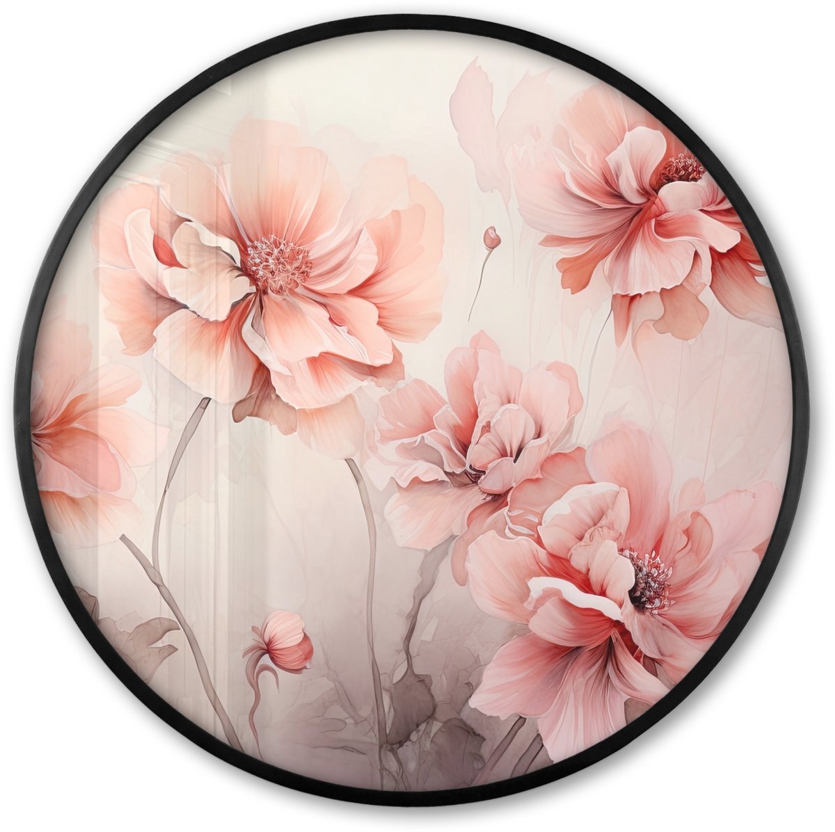 FrameYourWall Poster in lijst Rond - Fotolijst 80x80 cm - Posters - Bloemen - Roze - Kunst - Abstract - Aquarel - Ronde posterlijst zwart - Decoratie - Wanddecoratie woonkamer - Muurdecoratie slaapkamer Roze bloemen - Pastel