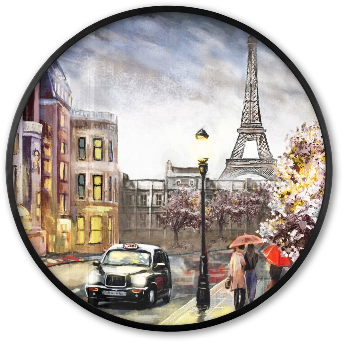 FrameYourWall Poster in lijst Rond - Fotolijst 80x80 cm - Posters - Schilderij - Parijs - Frankrijk - Olieverf - Ronde posterlijst zwart - Decoratie - Wanddecoratie woonkamer - Muurdecoratie slaapkamer Multicolor