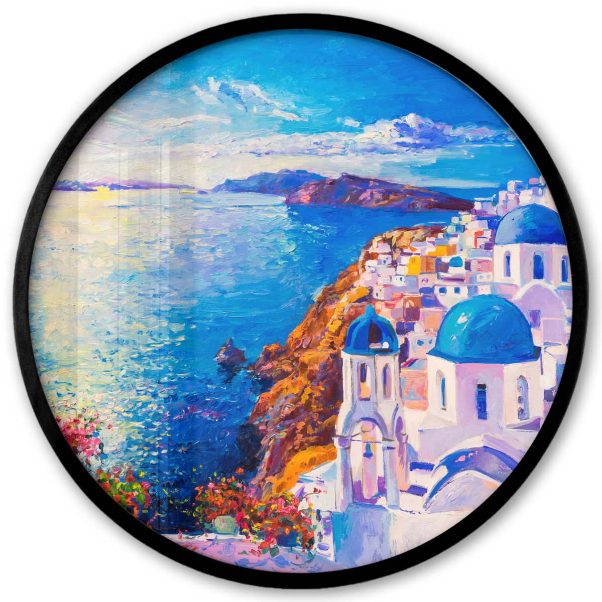 FrameYourWall Poster in lijst Rond - Fotolijst 40x40 cm - Posters - Schilderij - Griekenland - Water - Olieverf - Ronde posterlijst zwart - Decoratie - Wanddecoratie woonkamer - Muurdecoratie slaapkamer Multicolor
