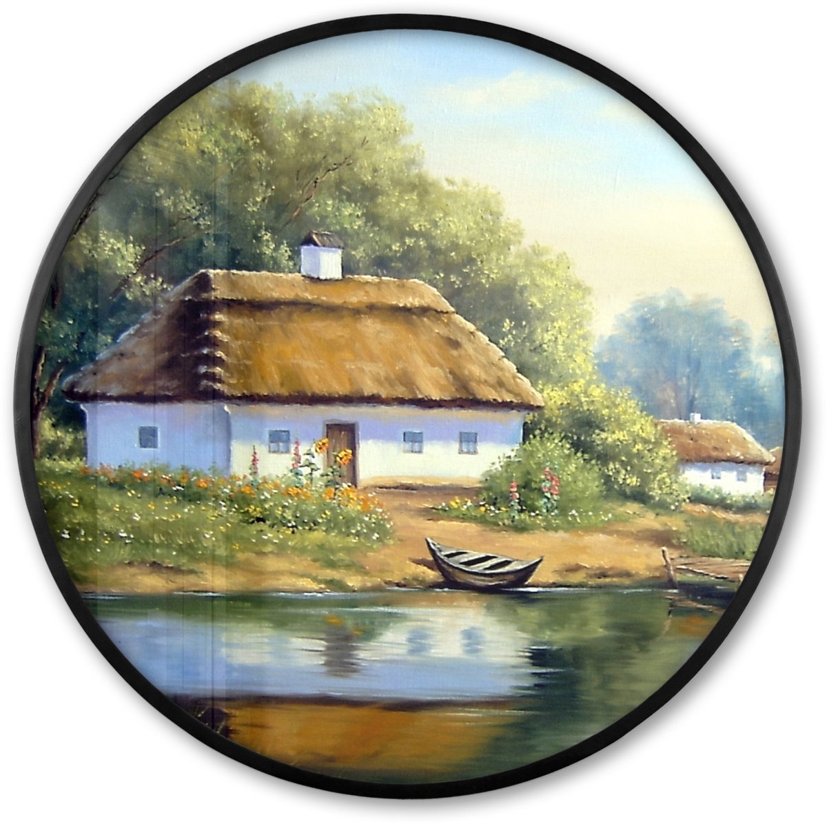 FrameYourWall Poster in lijst Rond - Fotolijst 60x60 cm - Posters - Schilderij - Huis - Natuur - Water - Olieverf - Ronde posterlijst zwart - Decoratie - Wanddecoratie woonkamer - Muurdecoratie slaapkamer Multicolor